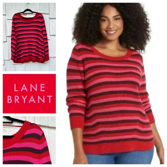 Lane Bryant Striped Curved‎ Hem Ribbed Sweater Red Pink Cotton Blend Size 18/20 - Picture 1 of 9